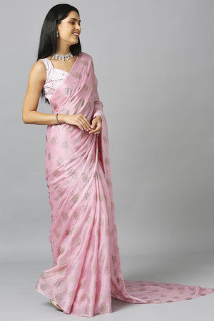 Baby Pink Chiffon Resham Embroidery Party Wear Designer Saree