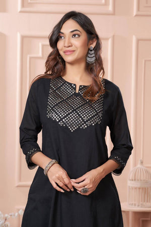 Black Mirror Sequin Cotton Kurti Pant Set