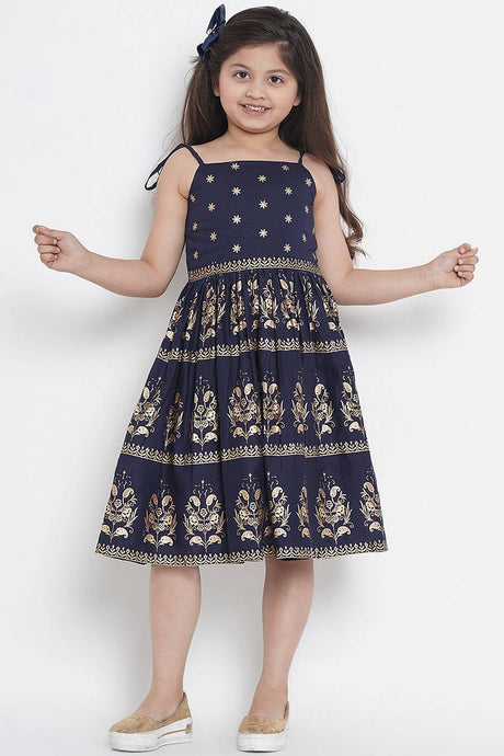 Girl's Navy Blue Foil Printed Cotton Dress