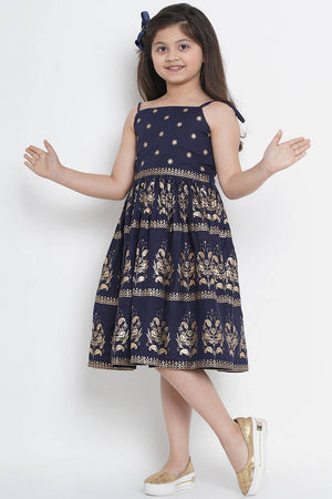 Girl's Navy Blue Foil Printed Cotton Dress