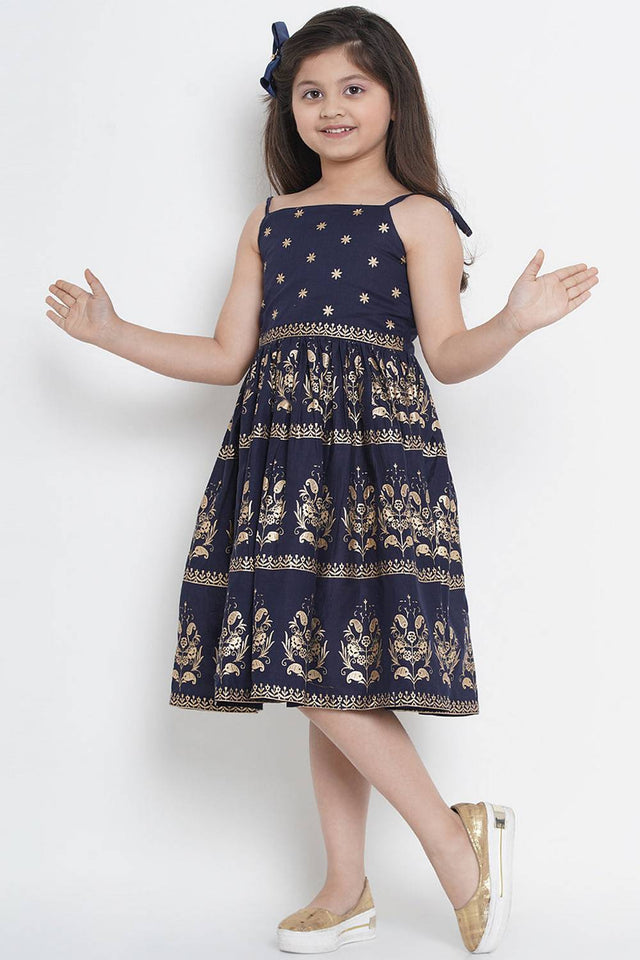 Girl's Navy Blue Foil Printed Cotton Dress