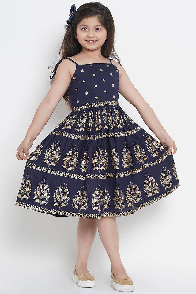 Girl's Navy Blue Foil Printed Cotton Dress