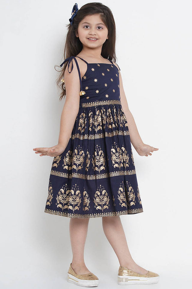 Girl's Navy Blue Foil Printed Cotton Dress
