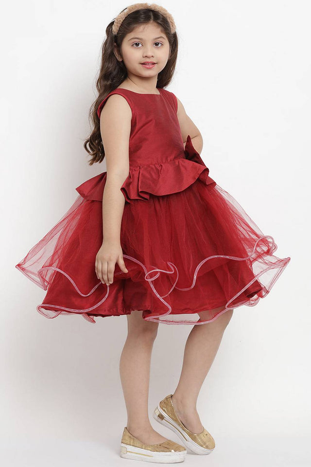 Girl's Maroon Solid Silk Dress
