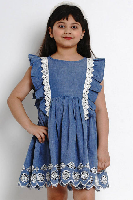 Girl's Blue Solid Flared Cotton Flared Dress