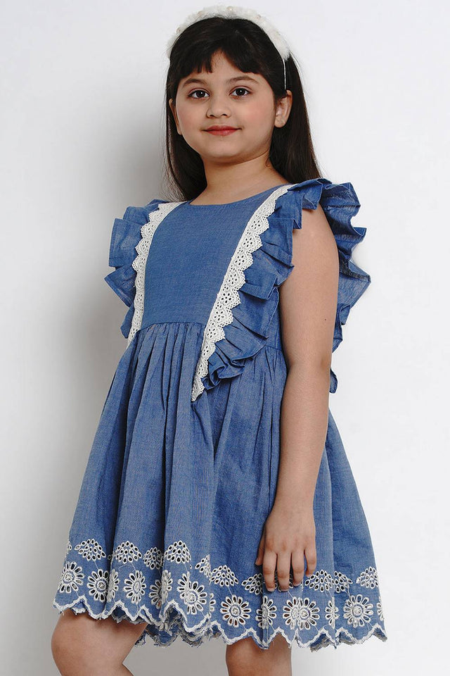 Girl's Blue Solid Flared Cotton Flared Dress