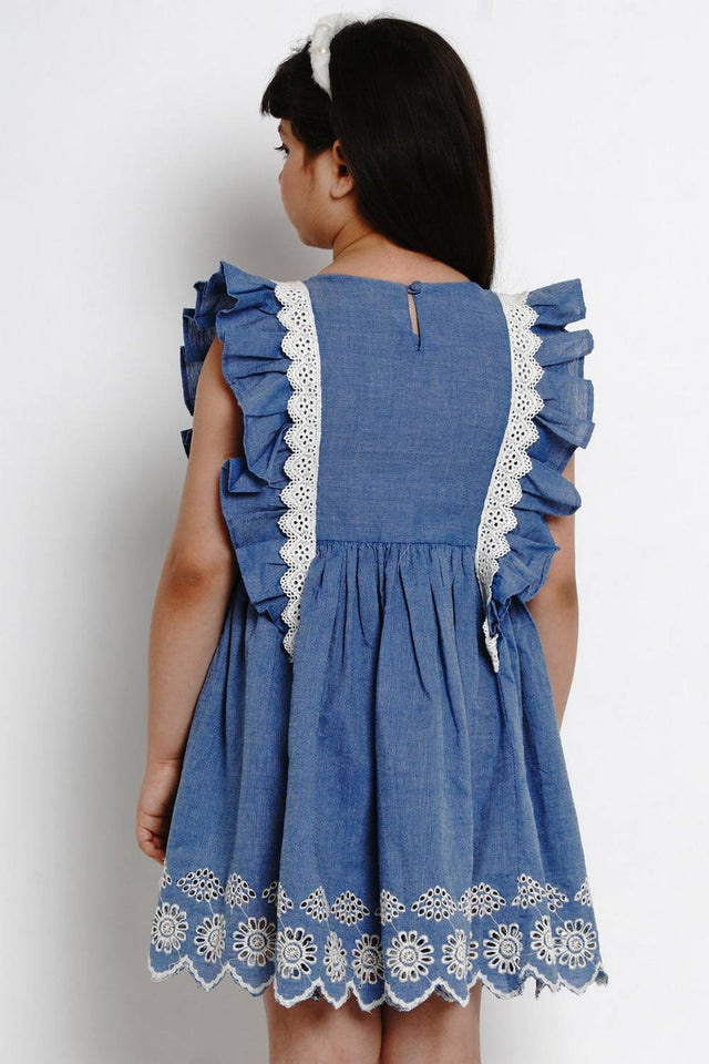 Girl's Blue Solid Flared Cotton Flared Dress