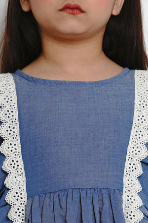 Girl's Blue Solid Flared Cotton Flared Dress