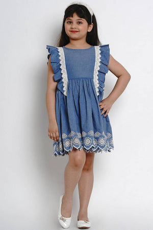 Girl's Blue Solid Flared Cotton Flared Dress