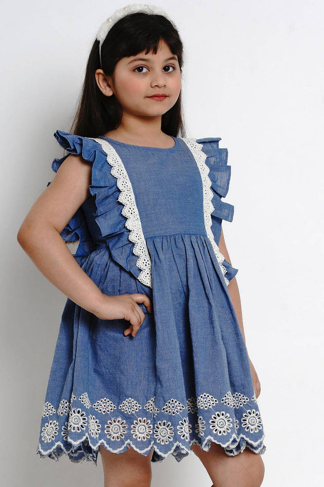 Girl's Blue Solid Flared Cotton Flared Dress