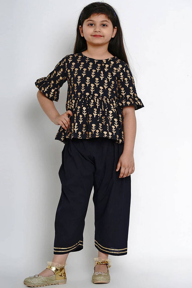 Girl's Blue Printed Cotton Kurta Set