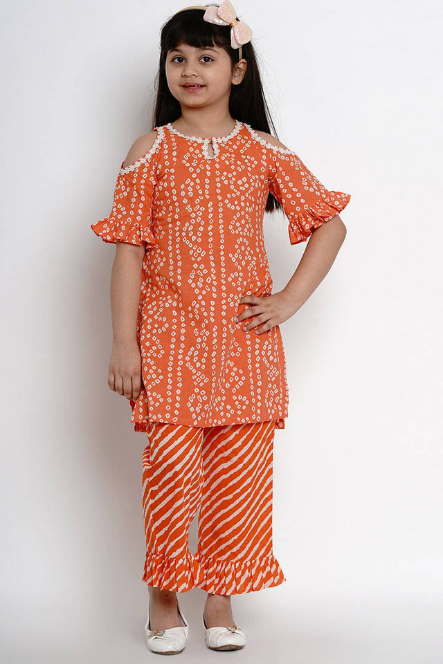 Girl's Orange Bandhani Printed Cotton Kurta Set