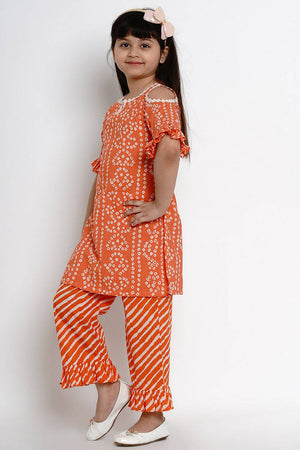 Girl's Orange Bandhani Printed Cotton Kurta Set