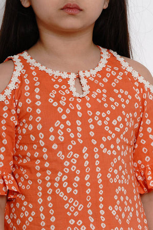 Girl's Orange Bandhani Printed Cotton Kurta Set