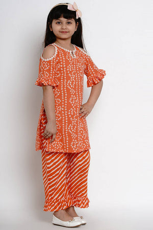 Girl's Orange Bandhani Printed Cotton Kurta Set
