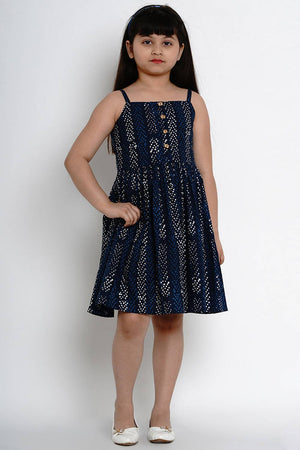 Girl's Blue Printed Cotton Dress