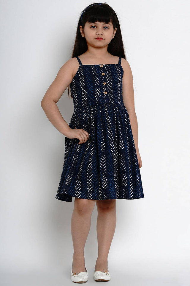 Girl's Blue Printed Cotton Dress