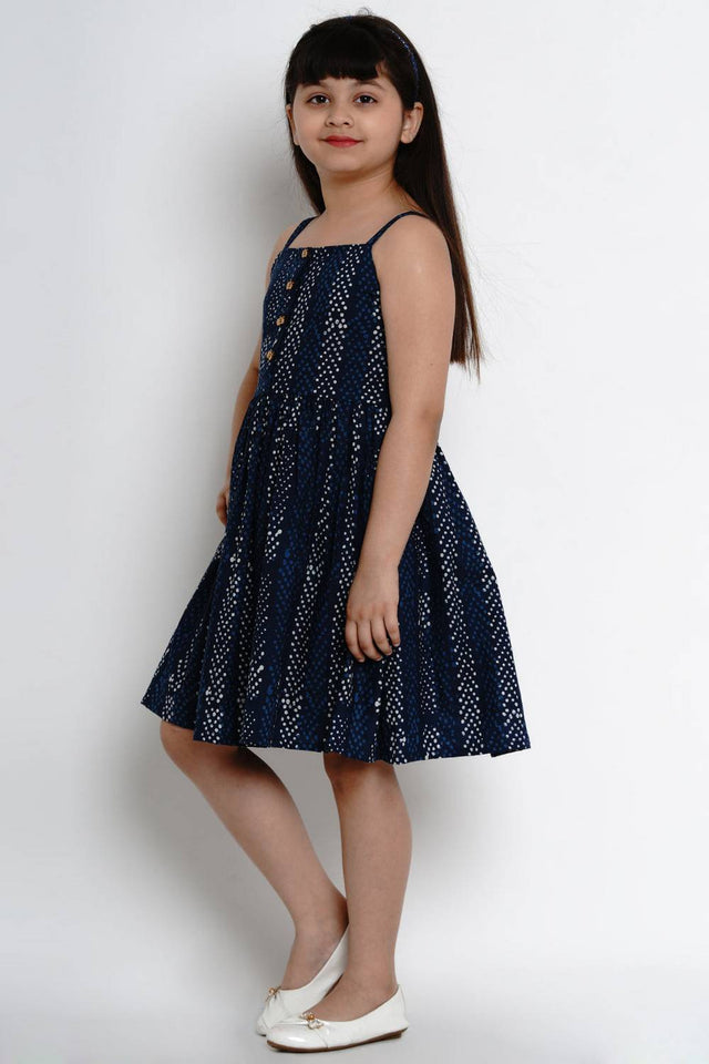 Girl's Blue Printed Cotton Dress