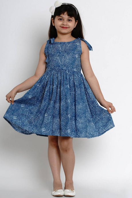 Girl's Blue Printed Cotton Dress