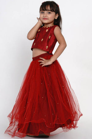 Girl's Maroon Embroidered Net Lehenga