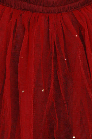 Girl's Maroon Embroidered Net Lehenga