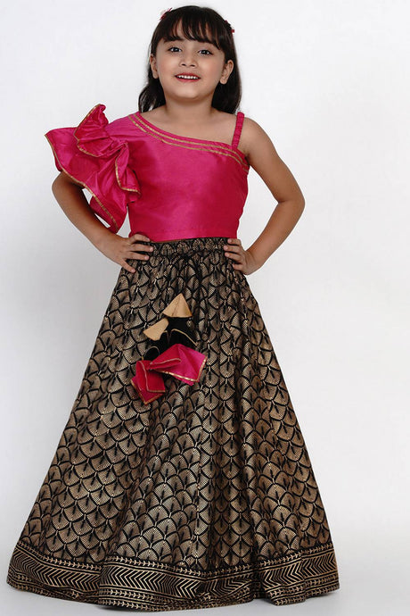 Girl's Black Foil Printed Silk Lehenga