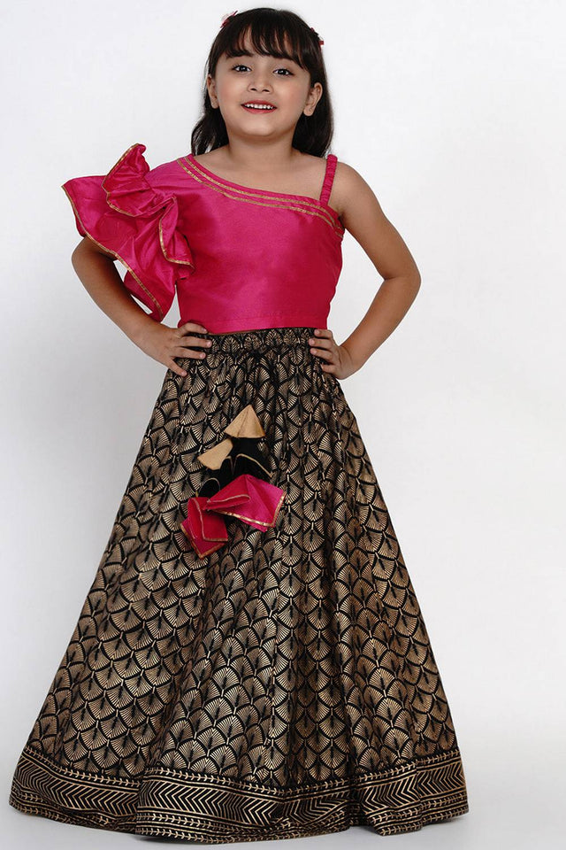Girl's Black Foil Printed Silk Lehenga