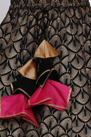 Girl's Black Foil Printed Silk Lehenga