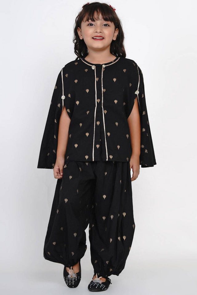Girl's Black Embroidered Cotton Kurta Set