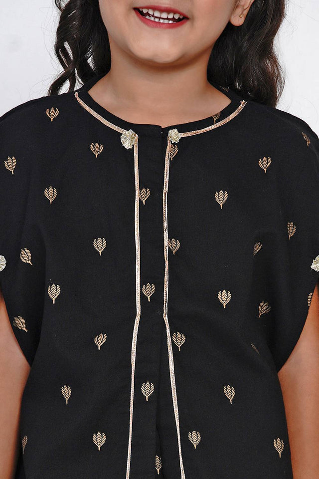 Girl's Black Embroidered Cotton Kurta Set