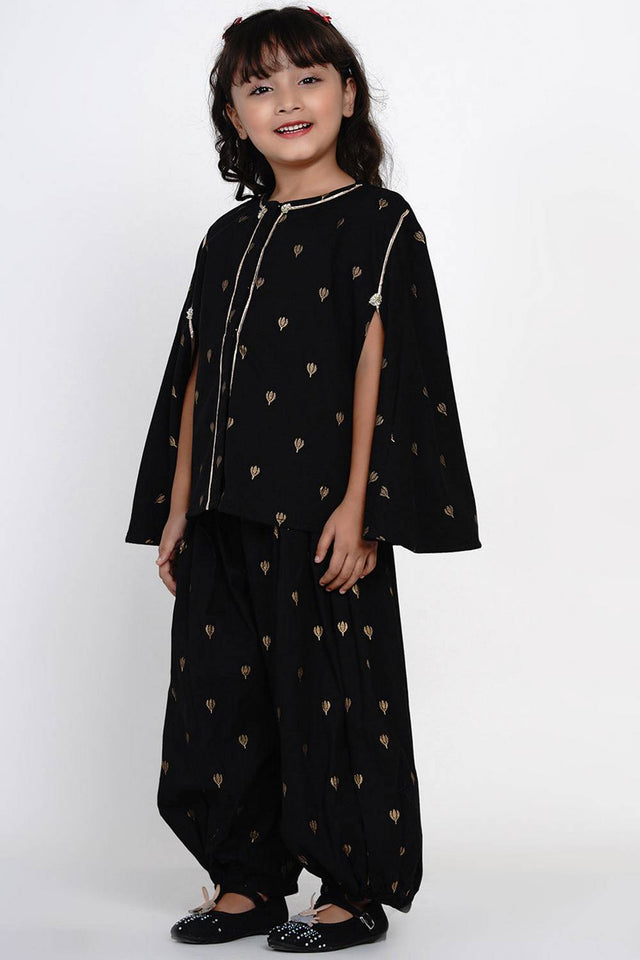 Girl's Black Embroidered Cotton Kurta Set