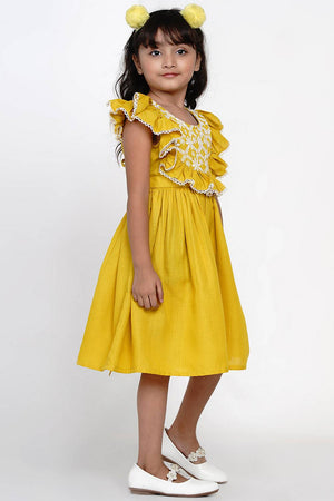 Girl's Yellow Solid Cotton Dress
