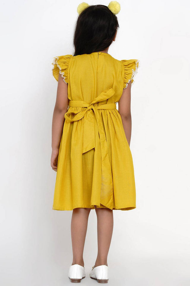 Girl's Yellow Solid Cotton Dress