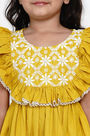 Girl's Yellow Solid Cotton Dress