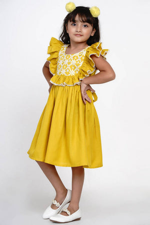 Girl's Yellow Solid Cotton Dress