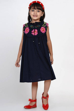 Girl's Blue Solid Flared Cotton Flared Dress