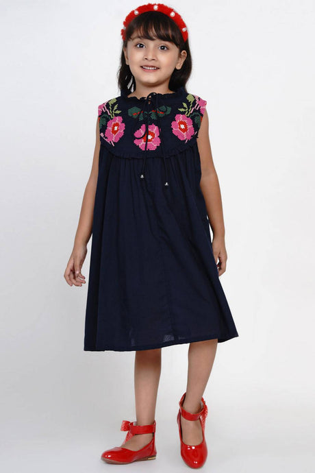 Girl's Blue Solid Flared Cotton Flared Dress