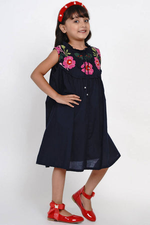 Girl's Blue Solid Flared Cotton Flared Dress