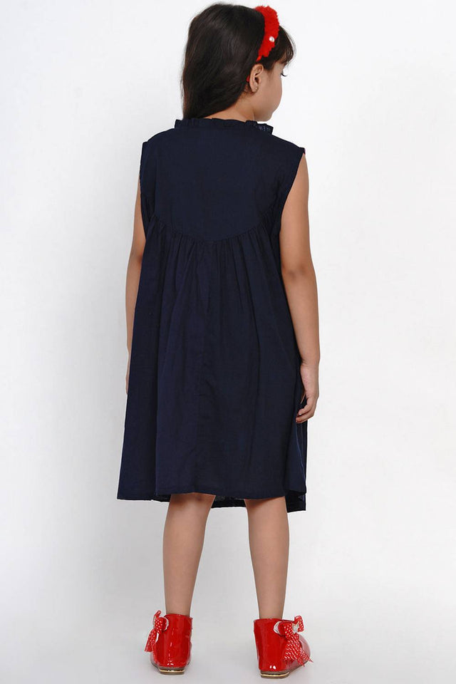 Girl's Blue Solid Flared Cotton Flared Dress