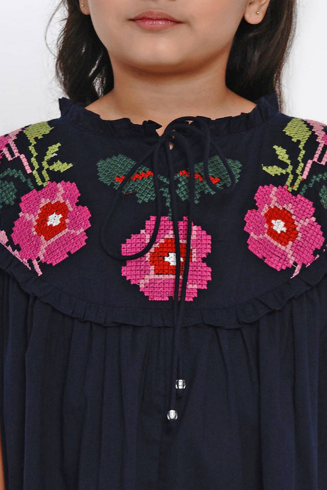 Girl's Blue Solid Flared Cotton Flared Dress