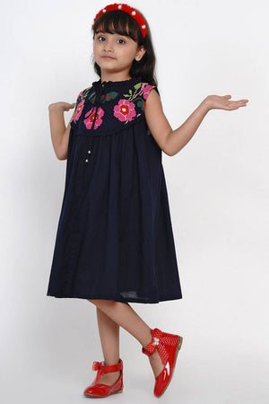 Girl's Blue Solid Flared Cotton Flared Dress