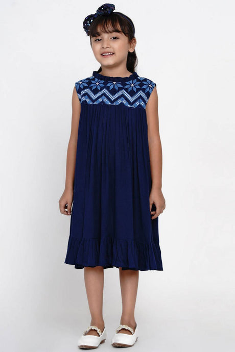 Girl's Blue Solid Cotton Dress