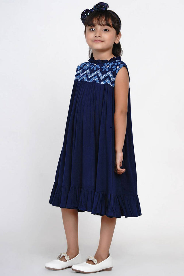 Girl's Blue Solid Cotton Dress (N2ZBBB189)