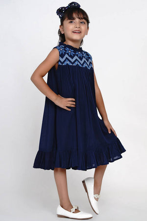 Girl's Blue Solid Cotton Dress (N2ZBBB189)