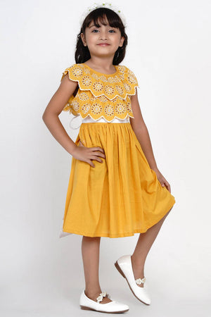 Girl's Mustard Solid Cotton Dress