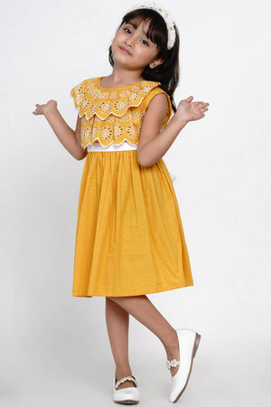 Girl's Mustard Solid Cotton Dress