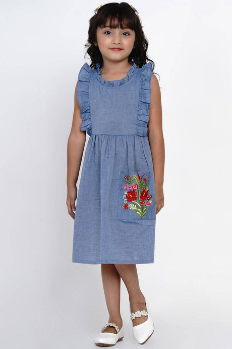 Girl's Blue Solid Flared Cotton Flared Dress