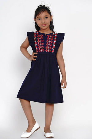 Girl's Blue Embroidered Flared Cotton Flared Dress
