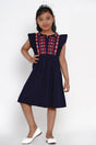 Girl's Blue Embroidered Flared Cotton Flared Dress