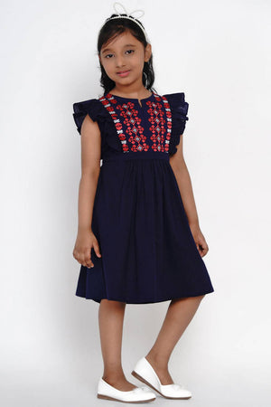 Girl's Blue Embroidered Flared Cotton Flared Dress